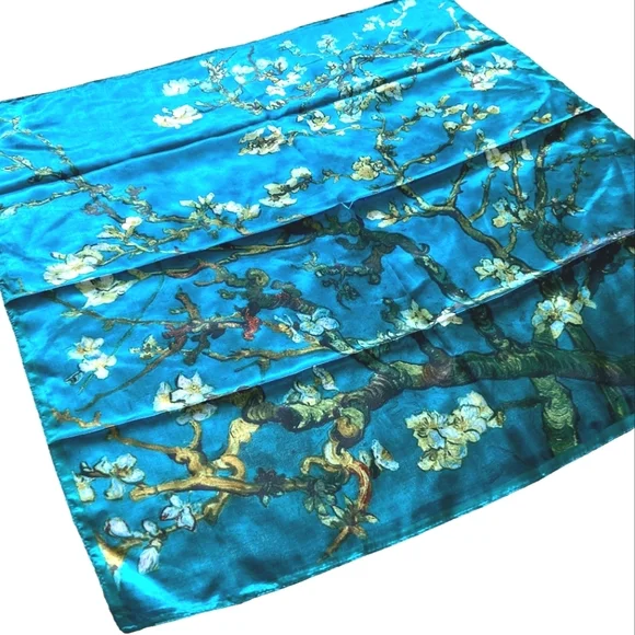 💖 Oversized boho satin blue Floral print print hair neck scarf whimsical - Picture 7 of 15